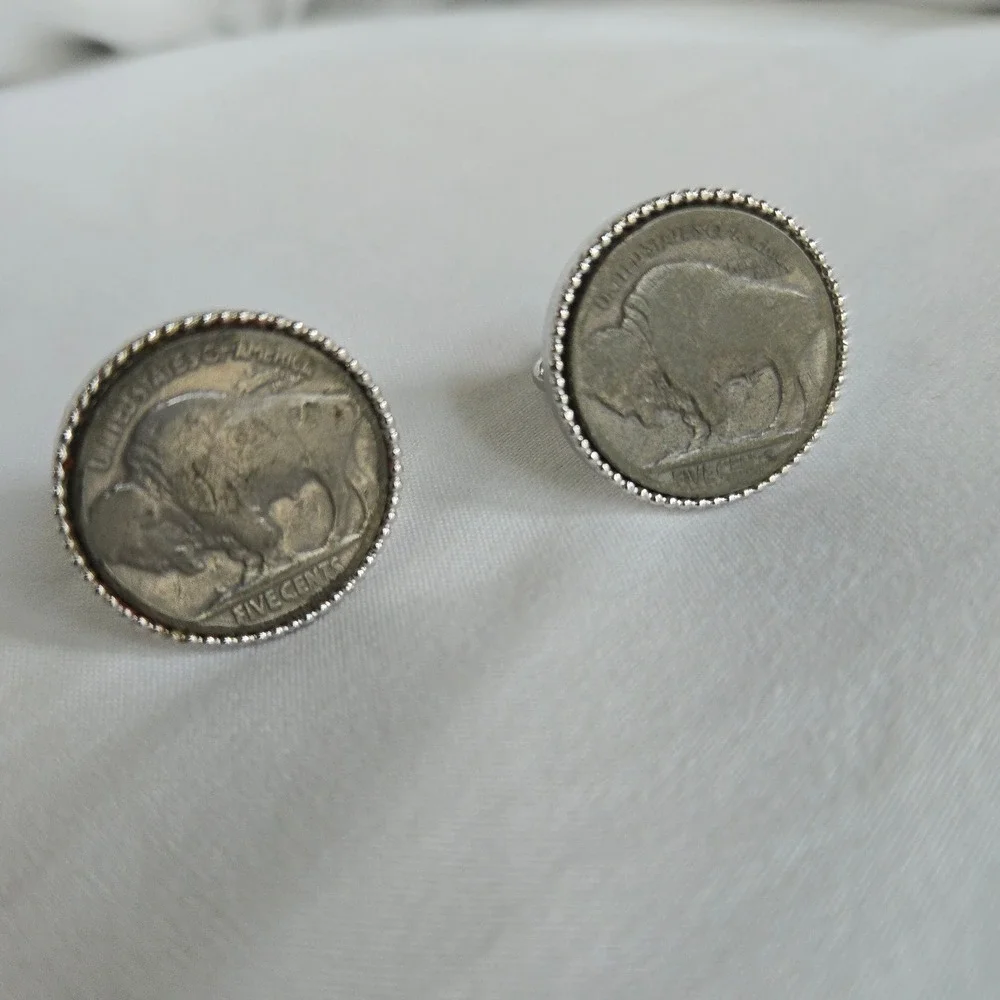 VTG Buffalo Nickel Cufflinks OS Mens Silver Coin Jewelry Five‎ Cents Western USA